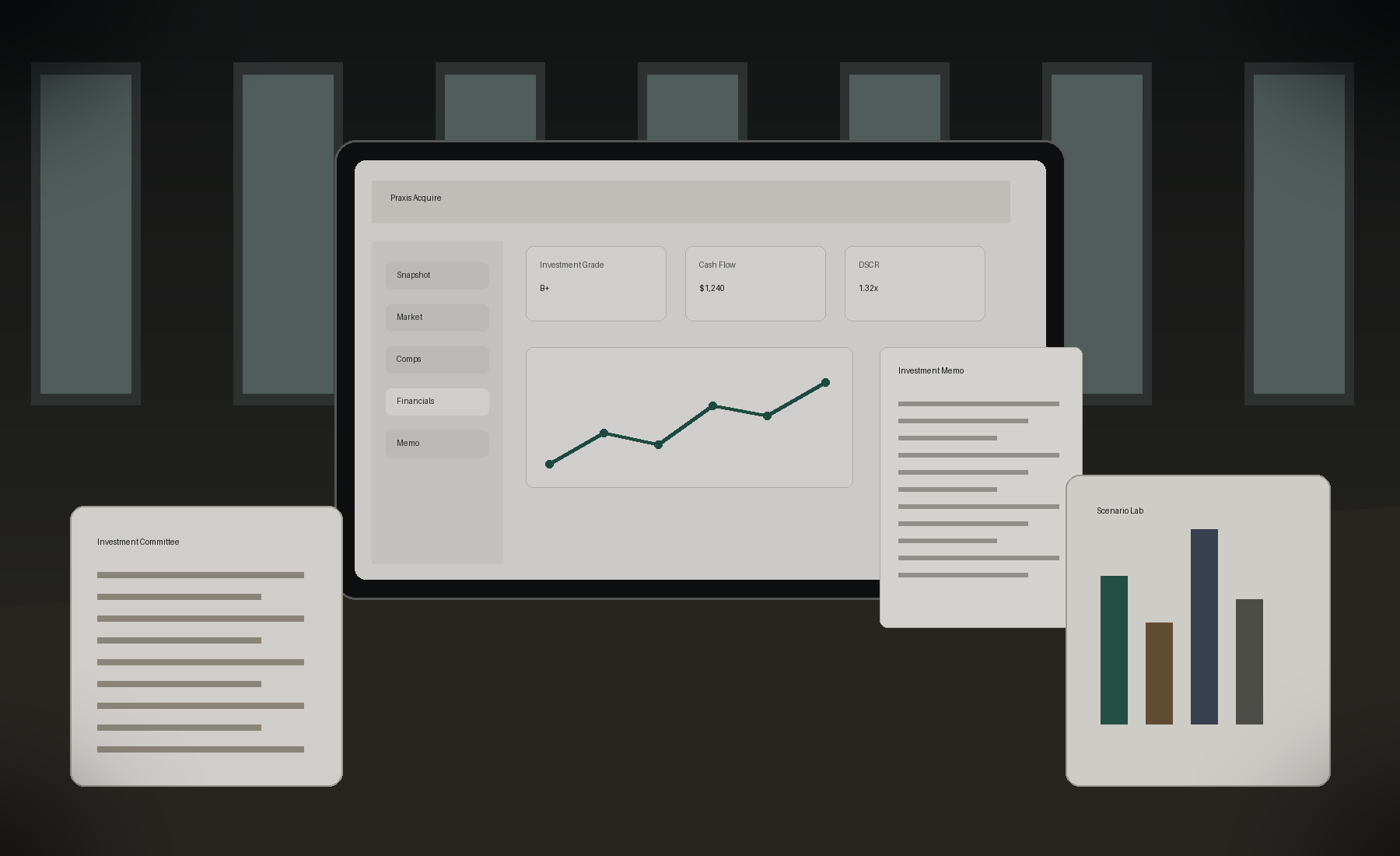 Praxis acquisition intelligence workspace showing deal metrics, scenarios, and investment memo panels